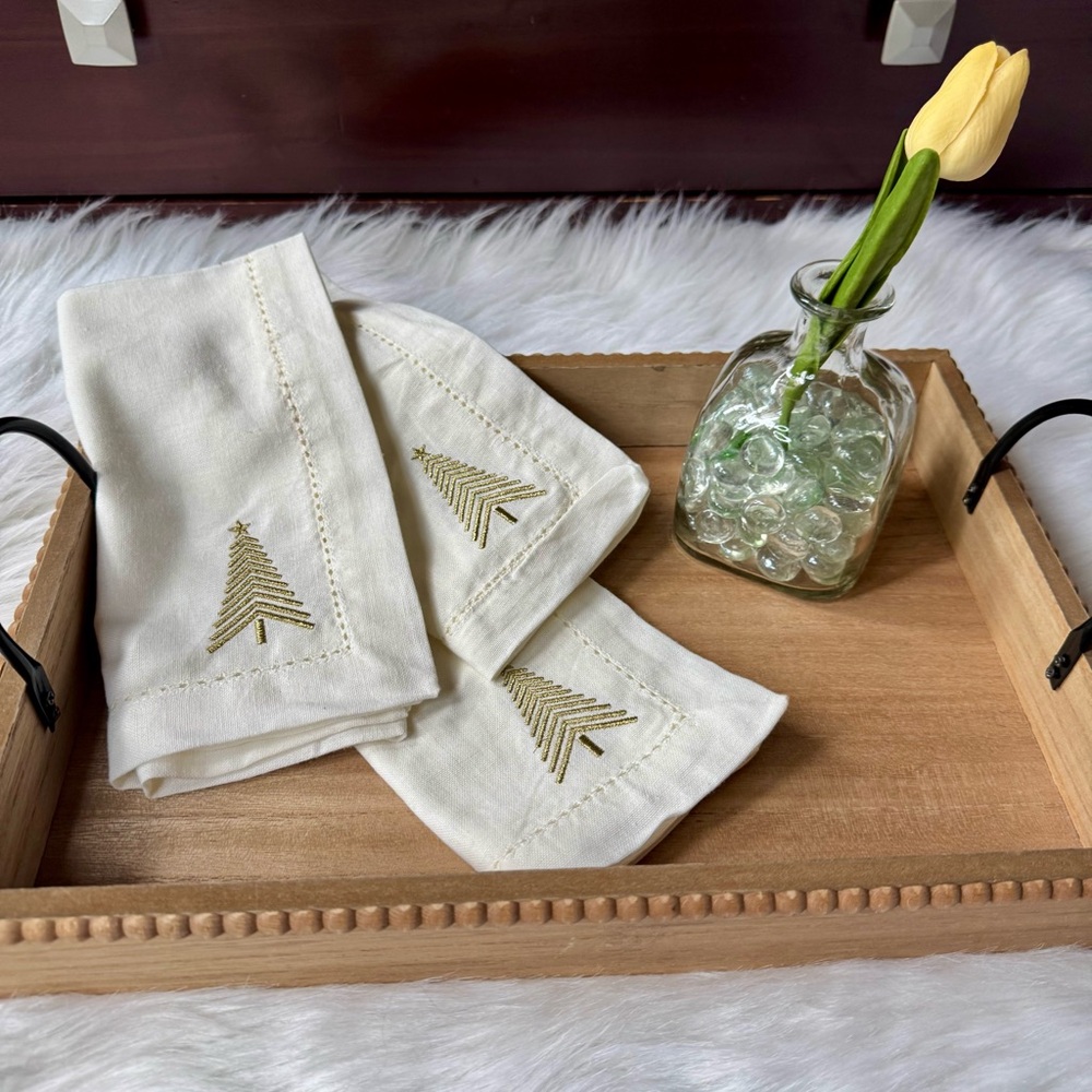 Ivory Holiday‎ Embroidered & Hemstitched Napkins – Gold Christmas Tree Stitching
